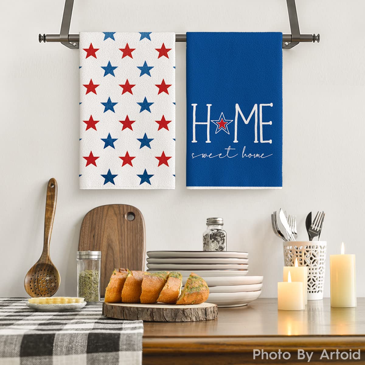 Artoid Mode Blue Stars Home Sweet Home Patriotic 4th of July Kitchen Towels Dish Towels, Memorial Day 18x26 Inch Seasonal Decoration Hand Towels Set of 2