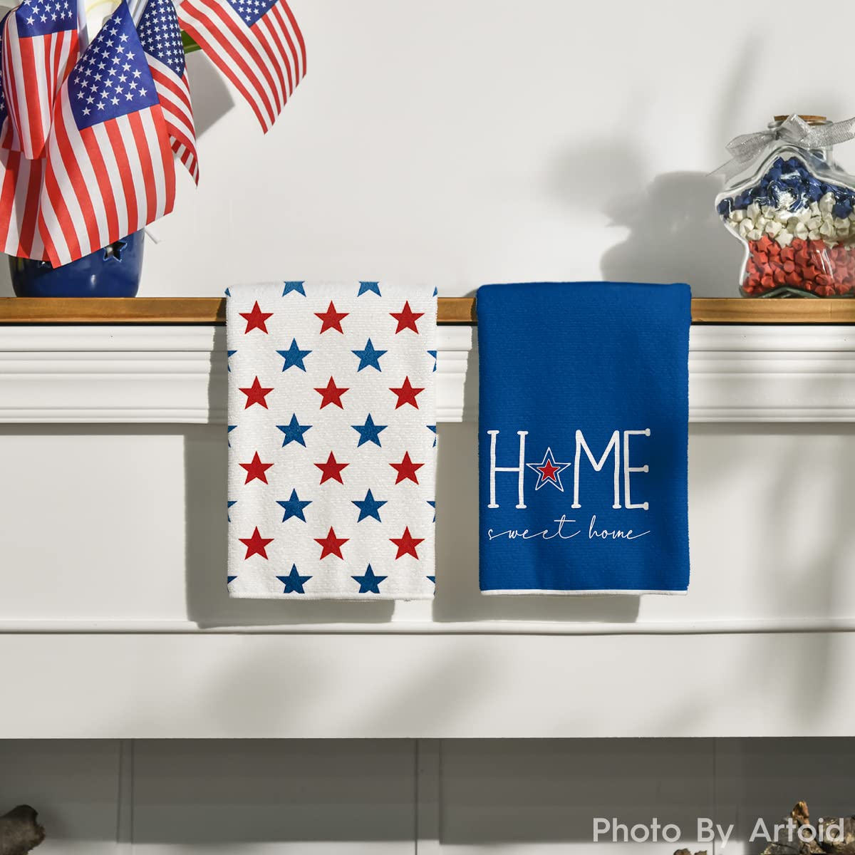 Artoid Mode Blue Stars Home Sweet Home Patriotic 4th of July Kitchen Towels Dish Towels, Memorial Day 18x26 Inch Seasonal Decoration Hand Towels Set of 2