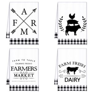 geyoga 4 pcs farm chicken kitchen towels farmhouse vintage buffalo plaids dish towel rustic rooster pig cow cloths hand towels 16 x 24 inch tea towel for christmas bathroom (white, black,farm)
