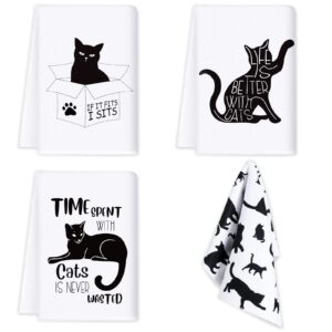 vesici 4 pieces funny cat kitchen towels cute cat theme dish towels set absorbent kitchen tea towels farmhouse decorative hand towels for housewarming, birthday, christmas towels, pet lover fun gift