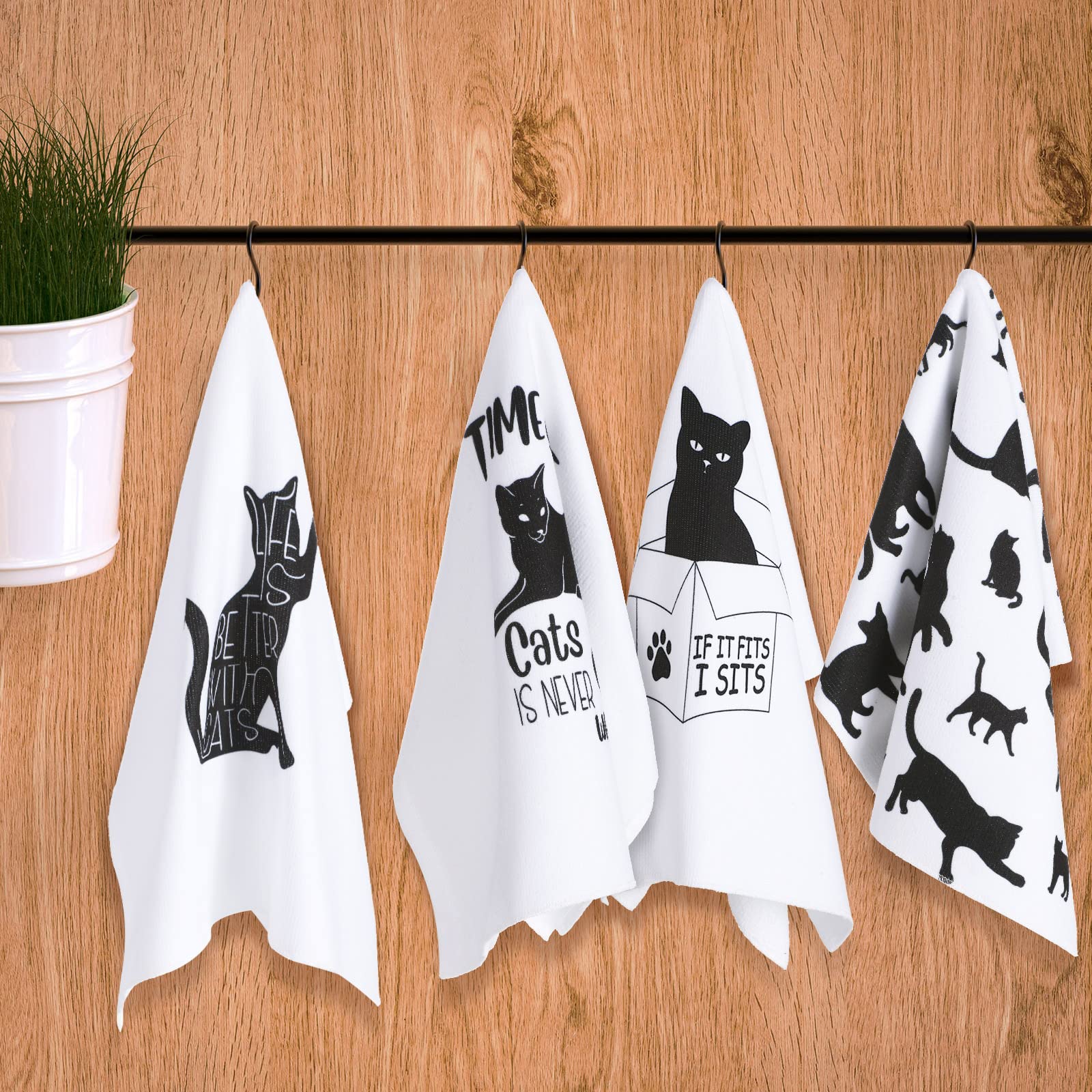Vesici 4 Pieces Funny Cat Kitchen Towels Cute Cat Theme Dish Towels Set Absorbent Kitchen Tea Towels Farmhouse Decorative Hand Towels for Housewarming, Birthday, Christmas Towels, Pet Lover Fun Gift