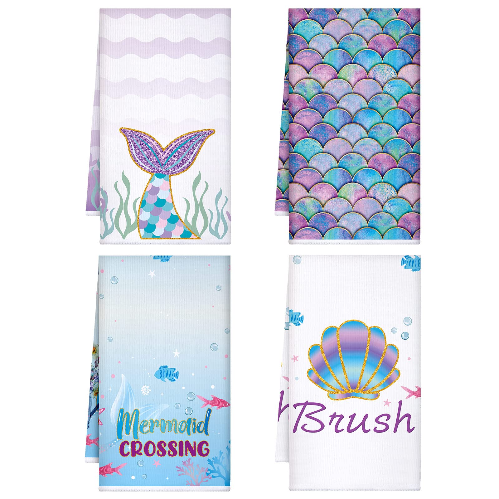 Bencailor 4 Pcs Hand Towels for Girls Absorbent 24 x 16 Inches Tea Towels Mermaid Unicorn Gnome Butterfly Dish Towels for Kitchen Gifts Bathroom Spa Gym Sport Housewarming (Purple, Blue,Mermaid)