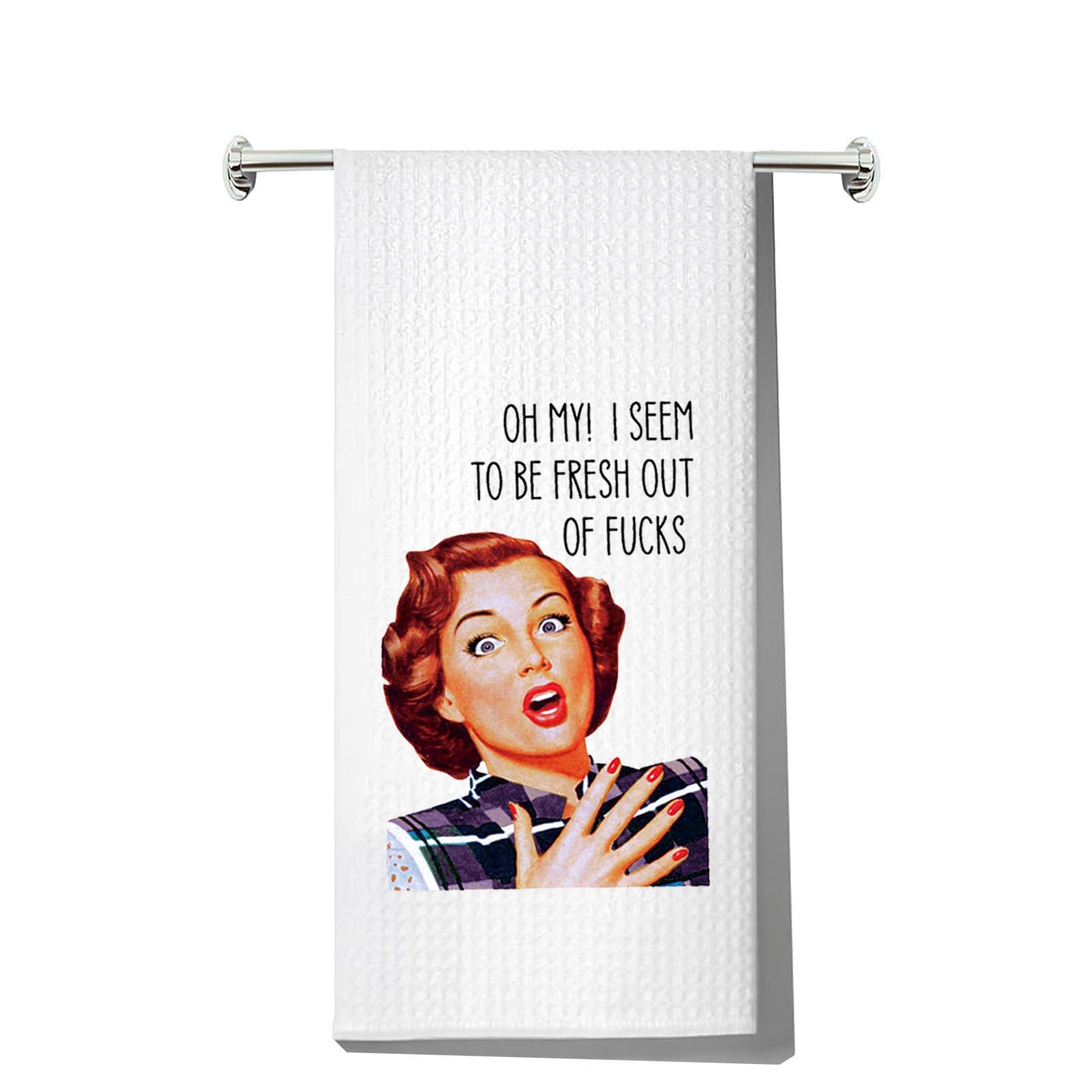 LEVLO Funny Retro Sassy Kitchen Towel Retro Housewife Gift Oh My I Seem to Be Fresh Out of Fucks Tea Towels Waffle Weave Kitchen Decor Dish Towels (Oh My I Seem)