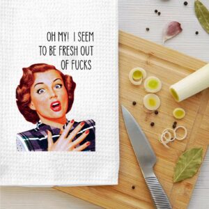 LEVLO Funny Retro Sassy Kitchen Towel Retro Housewife Gift Oh My I Seem to Be Fresh Out of Fucks Tea Towels Waffle Weave Kitchen Decor Dish Towels (Oh My I Seem)