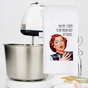 LEVLO Funny Retro Sassy Kitchen Towel Retro Housewife Gift Oh My I Seem to Be Fresh Out of Fucks Tea Towels Waffle Weave Kitchen Decor Dish Towels (Oh My I Seem)