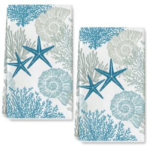 AnyDesign Ocean Theme Kitchen Dish Towel Beach Seashell Coral Starfish Hand Dying Towel Sea Creature Tea Towel for Cooking Baking Kitchen Accessories, Set of 2, 18 x 28 Inch