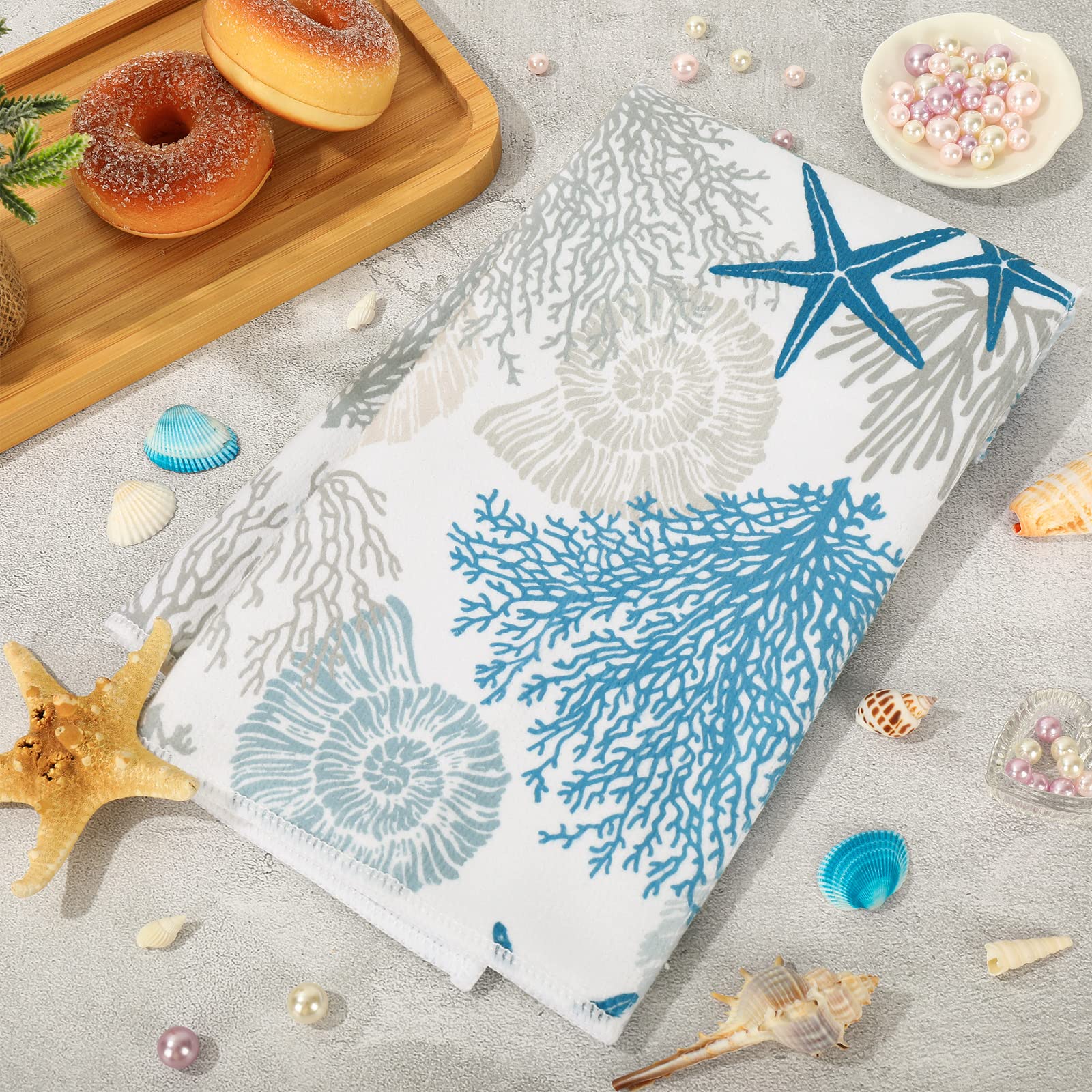 AnyDesign Ocean Theme Kitchen Dish Towel Beach Seashell Coral Starfish Hand Dying Towel Sea Creature Tea Towel for Cooking Baking Kitchen Accessories, Set of 2, 18 x 28 Inch