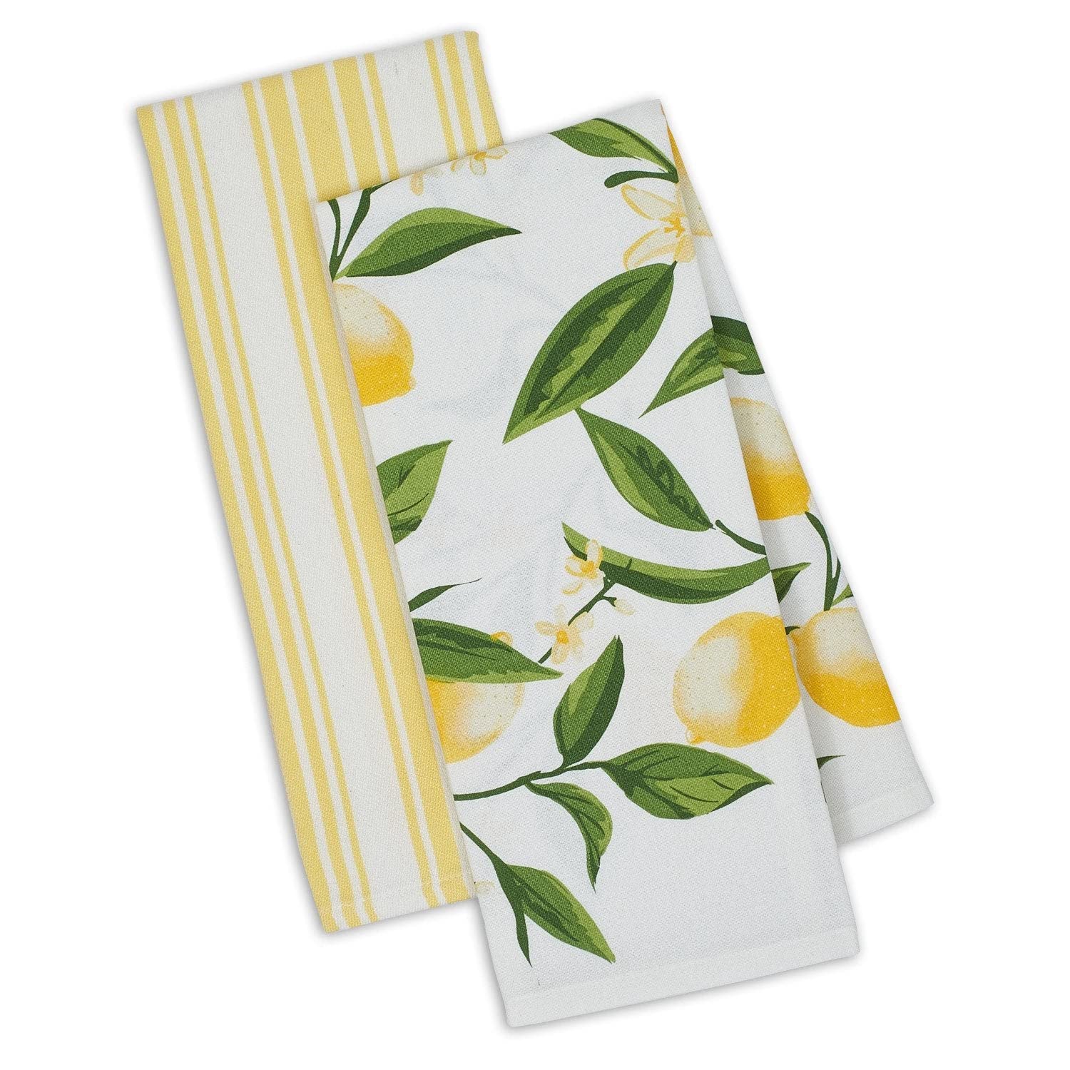 DII Kitchen Dish Towel Set 2 Lemon Bliss Yellow Green Lemon Print & Yellow Stripe