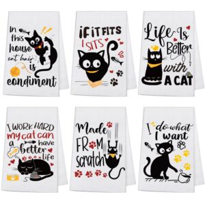 6 Pcs Cat Kitchen Dish Towels with Sayings, Cute Cat Hand Towels for Cat Lover Halloween Housewarming Gifts (Cat Style)