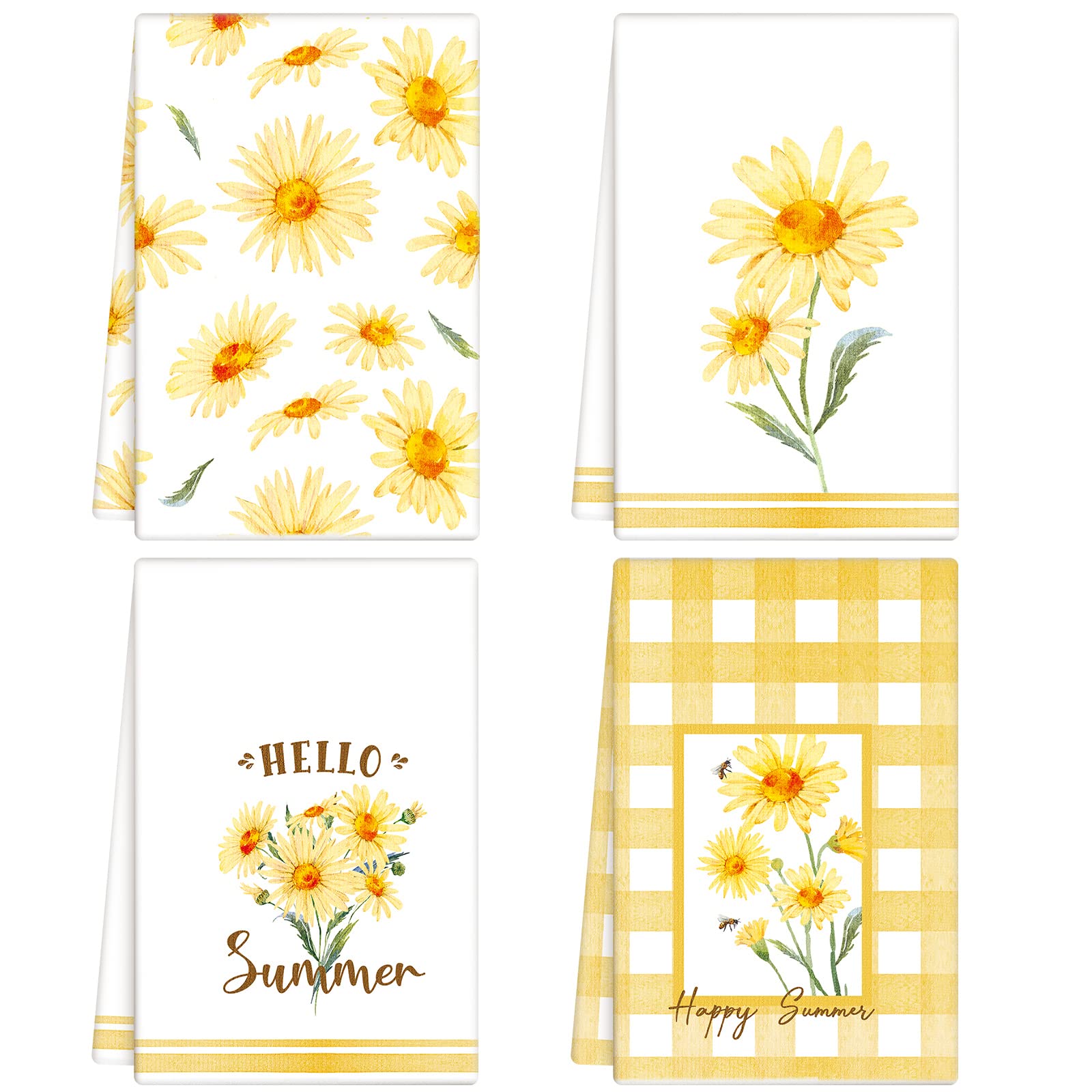 Buryeah 4 Pcs Kitchen Towels Set Yellow Daisy Dish Towels Yellow Dish Towels Absorbent Summer Kitchen Drying Towels for Kitchen Bathroom Party Seasonal Wedding Home Decorations,15.75 x 23.62 Inches