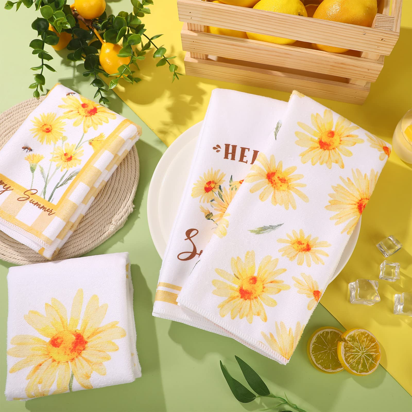 Buryeah 4 Pcs Kitchen Towels Set Yellow Daisy Dish Towels Yellow Dish Towels Absorbent Summer Kitchen Drying Towels for Kitchen Bathroom Party Seasonal Wedding Home Decorations,15.75 x 23.62 Inches