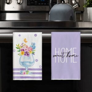 Artoid Mode Purple Stripes Flowers Bloom Spring Kitchen Towels Dish Towels, 18x26 Inch Seasonal Summer Holiday Decoration Hand Towels Set of 2