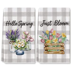 anydesign hello spring kitchen towels spring floral blossoms dish towel 18 x 28 inch gray white buffalo plaids flower hand drying tea towel for cooking baking cleaning wipes, set of 2