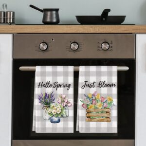 AnyDesign Hello Spring Kitchen Towels Spring Floral Blossoms Dish Towel 18 x 28 Inch Gray White Buffalo Plaids Flower Hand Drying Tea Towel for Cooking Baking Cleaning Wipes, Set of 2