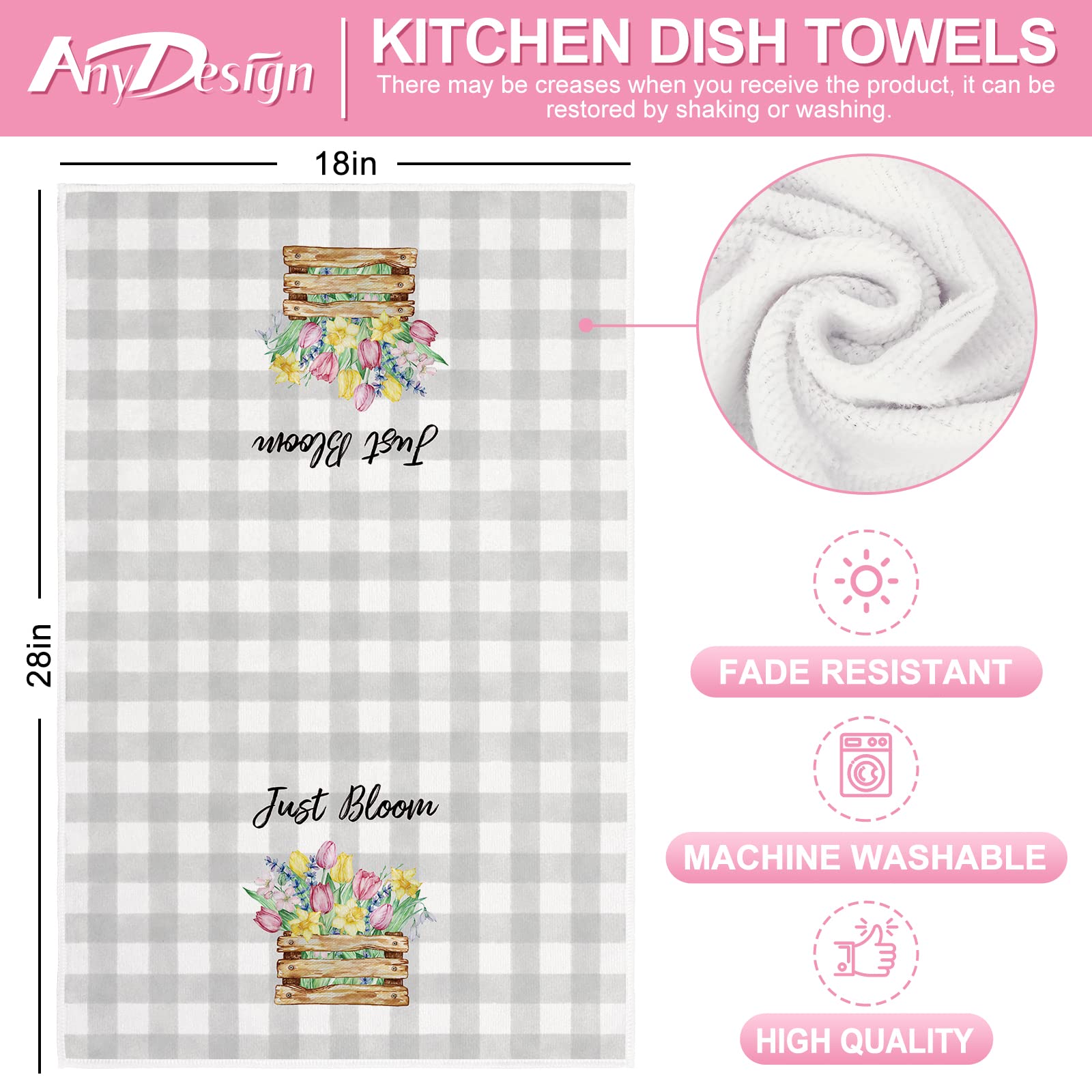 AnyDesign Hello Spring Kitchen Towels Spring Floral Blossoms Dish Towel 18 x 28 Inch Gray White Buffalo Plaids Flower Hand Drying Tea Towel for Cooking Baking Cleaning Wipes, Set of 2