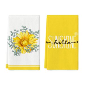 Artoid Mode Eucalyptus Leaves Sunflower Summer Kitchen Towels Dish Towels, 18x26 Inch Hello Sunshine Holiday Decoration Hand Towels Set of 2