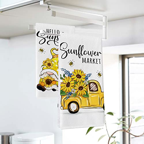 Seliem Summer Hello Sunshine Gnome Kitchen Dish Towel Set of 2, Sunflower Market Floral Flower Truck Hand Towel Bee Drying Baking Cooking Cloth, Spring Seasonal Farmhouse Home Kitchen Decor 18x26 Inch