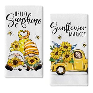 seliem summer hello sunshine gnome kitchen dish towel set of 2, sunflower market floral flower truck hand towel bee drying baking cooking cloth, spring seasonal farmhouse home kitchen decor 18x26 inch