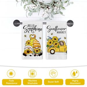 Seliem Summer Hello Sunshine Gnome Kitchen Dish Towel Set of 2, Sunflower Market Floral Flower Truck Hand Towel Bee Drying Baking Cooking Cloth, Spring Seasonal Farmhouse Home Kitchen Decor 18x26 Inch