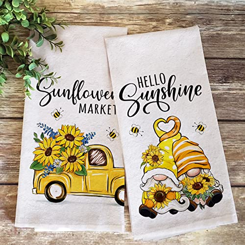 Seliem Summer Hello Sunshine Gnome Kitchen Dish Towel Set of 2, Sunflower Market Floral Flower Truck Hand Towel Bee Drying Baking Cooking Cloth, Spring Seasonal Farmhouse Home Kitchen Decor 18x26 Inch