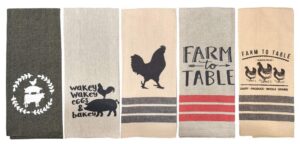 fillurbasket farmhouse kitchen towels set farm towels pig rooster chicken cow towels tan black dish towels set of 5 cotton 16"x28"