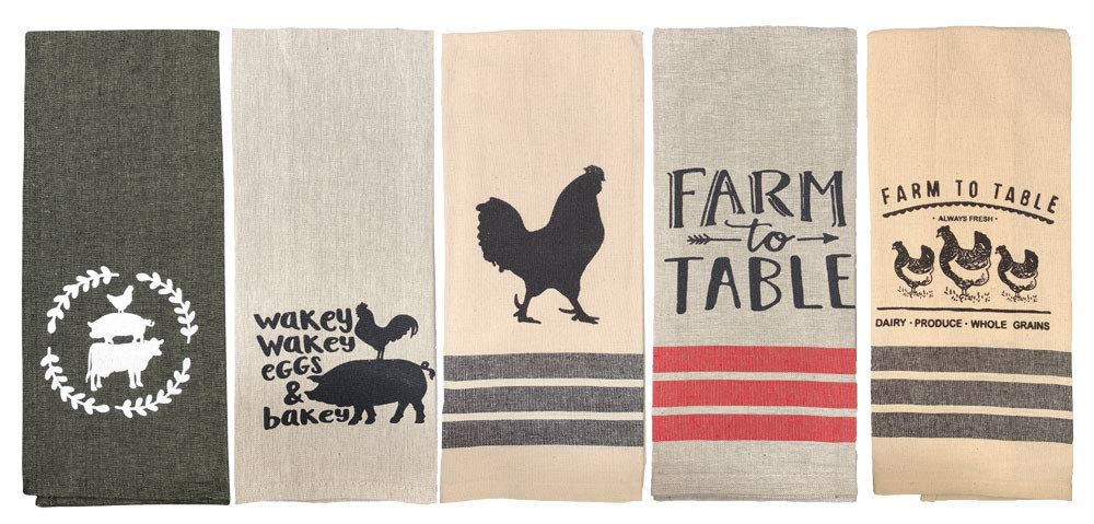 fillURbasket Farmhouse Kitchen Towels Set Farm Towels Pig Rooster Chicken Cow Towels Tan Black Dish Towels Set of 5 Cotton 16"x28"