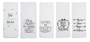 fillurbasket cute kitchen towels set, fun dish towels with sayings faith, blessed, family, love, home & dreams theme, 5 flour sack towels for dish drying decor 16x28 cotton