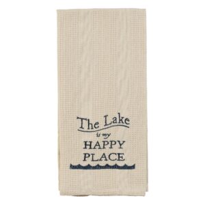 cream the lake is my happy place 19 x 28 inch embroidered cotton waffle dish towel