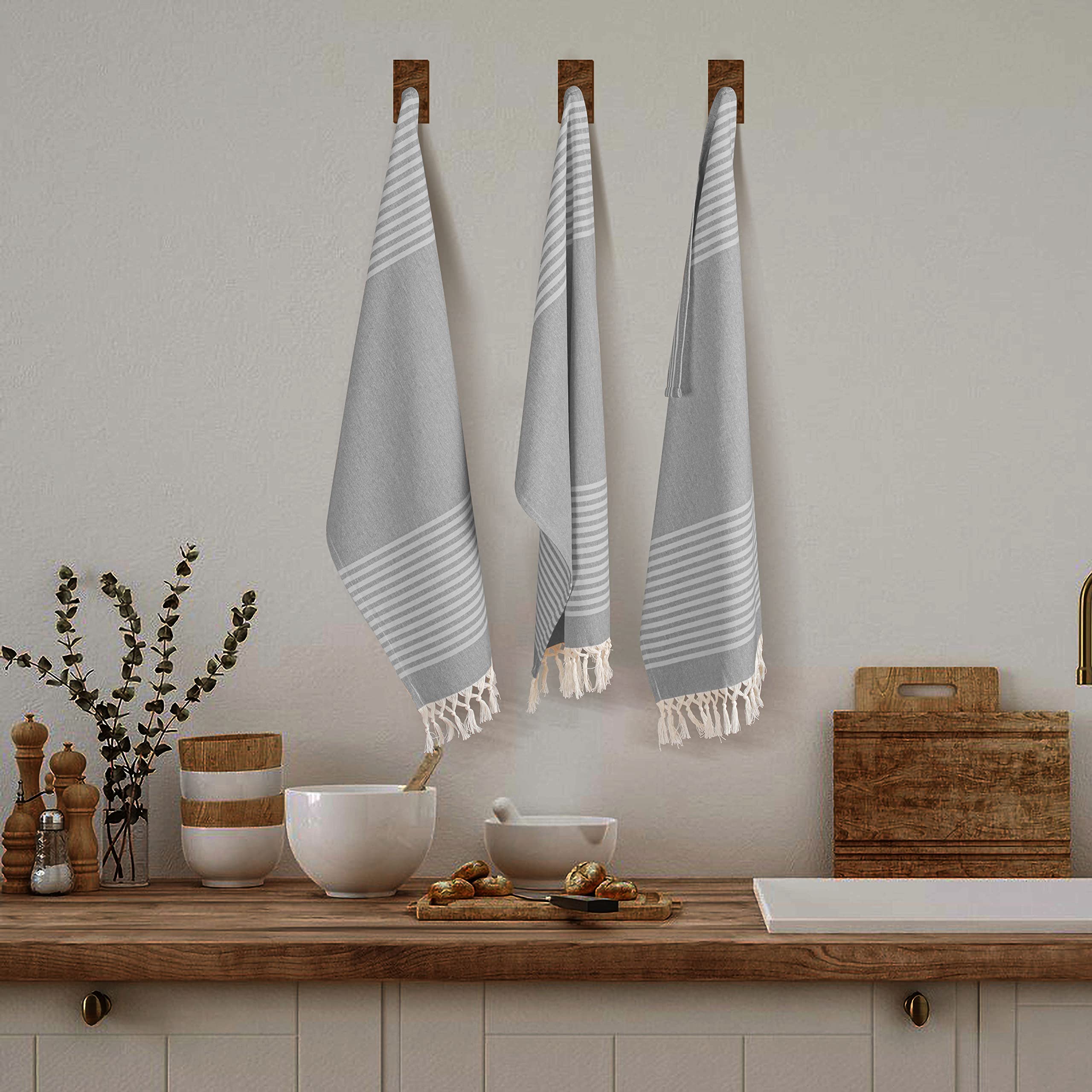 TWINY threads Set of 6 100% Cotton Turkish Kitchen Towels with Hanging Loop & Tassels (18" X 28") | Ultra Washcloth with Fringes | Reusable Hand Towels - Grey