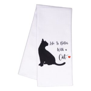 joyriza life is better with a cat – kitchen dish towel tea towel for cat lovers, housewarming gifts for cat mom cat owner, funny cat lady gifts for women, gag cat themed birthday gifts for women