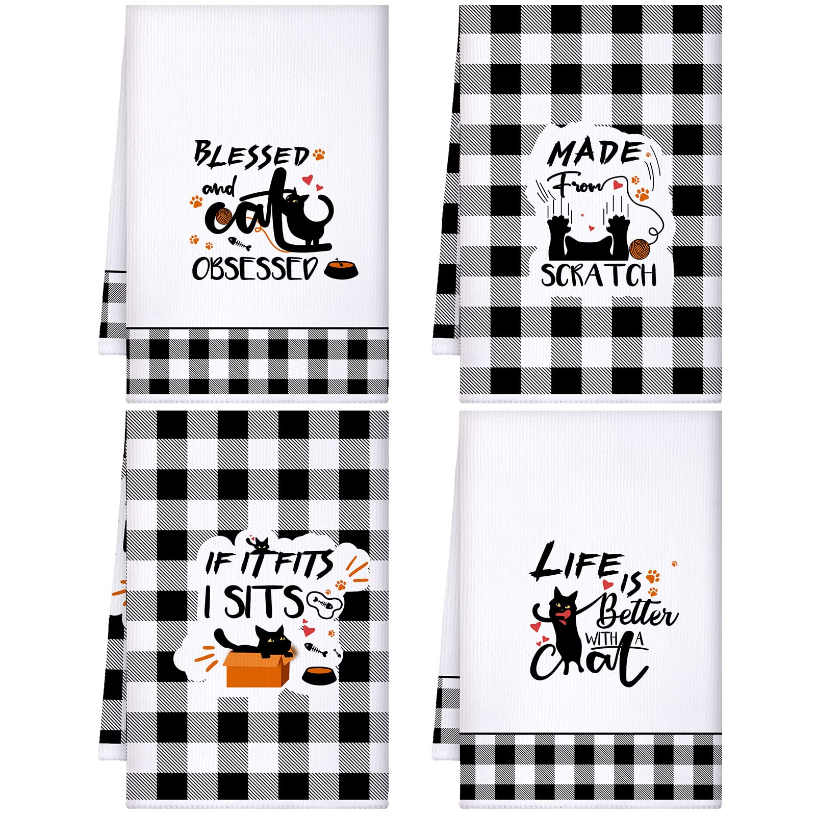 4 Pcs Black Cat Kitchen Towels Funny Dish Towel Decorative Cat Hand Towels Cute Cat Tea Towels Housewarming Gifts for Cat Lover Cat Kitchen Decor