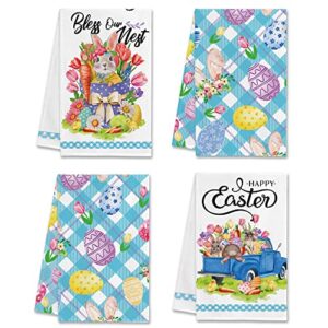 hexagram easter kitchen towels sets of 4, bunny easter dish towels, blue truck farmhouse easter decor, eggs hand towels, tea towel, housewarming gifts for new home