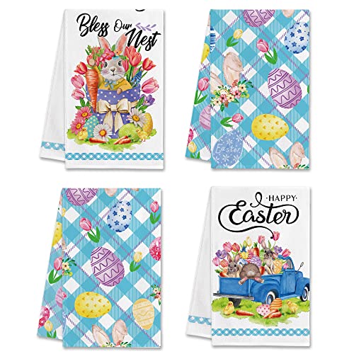 Hexagram Easter Kitchen Towels Sets of 4, Bunny Easter Dish Towels, Blue Truck Farmhouse Easter Decor, Eggs Hand Towels, Tea Towel, Housewarming Gifts for New Home