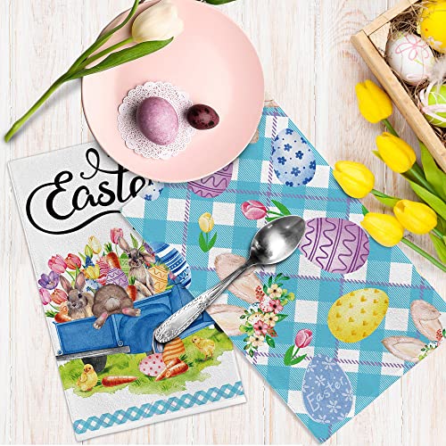 Hexagram Easter Kitchen Towels Sets of 4, Bunny Easter Dish Towels, Blue Truck Farmhouse Easter Decor, Eggs Hand Towels, Tea Towel, Housewarming Gifts for New Home