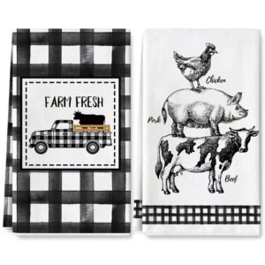 anydesign farm animal kitchen towel farmhouse buffalo plaids dish towel 18 x 28 inch rustic rooster cow pig truck dish cloths towel for bathroom kitchen home cooking cleaning wipes, 2pcs