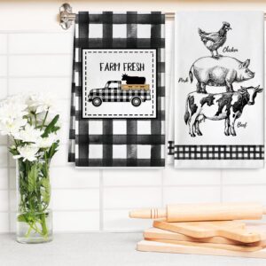 AnyDesign Farm Animal Kitchen Towel Farmhouse Buffalo Plaids Dish Towel 18 x 28 Inch Rustic Rooster Cow Pig Truck Dish Cloths Towel for Bathroom Kitchen Home Cooking Cleaning Wipes, 2Pcs