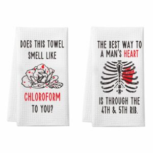 2 pack funny gothic kitchen towels, serial killer gifts for women, true crime bathroom towels, halloween goth home decor, morbid podcast merch, does this towel smell like chloroform to you