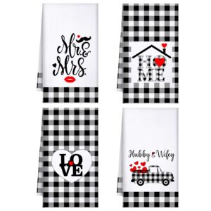 oudain 4 pcs mr and mrs kitchen towels wedding towels for gifts plaid kitchen towels funny farmhouse dish towers funny housewarming mr mrs love gifts for women home(24 x 16 inch)