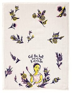 blue q dish towel, get the hell out of my kitchen. 100% cotton, funny and functional, screen-printed in rich vibrant colors, measures 28" h x 21" w