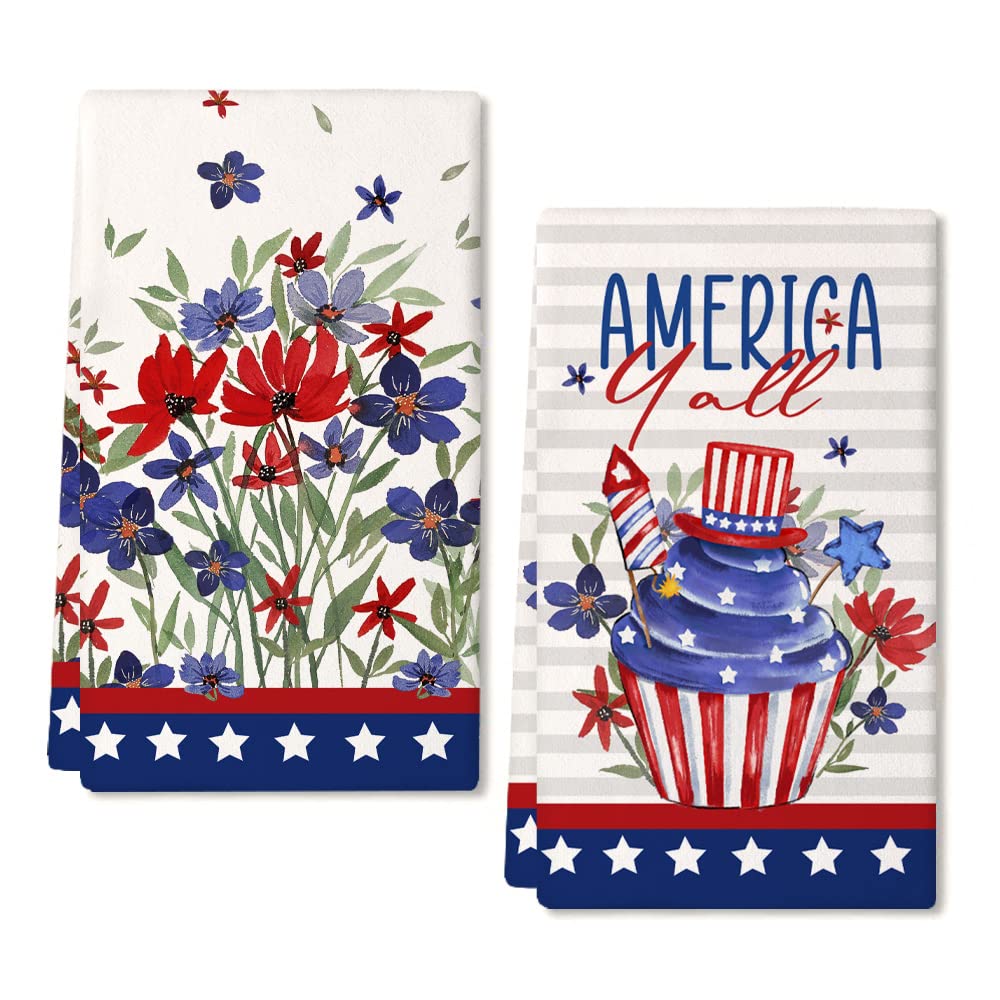 GEEORY Kitchen Towels for 4th of July Decorations Floral America Patriotic Dish Towels 18x26 Inch Ultra Absorbent Bar Drying Cloth Hand Towel for Kitchen Bathroom Party Home Set of 2 GD093