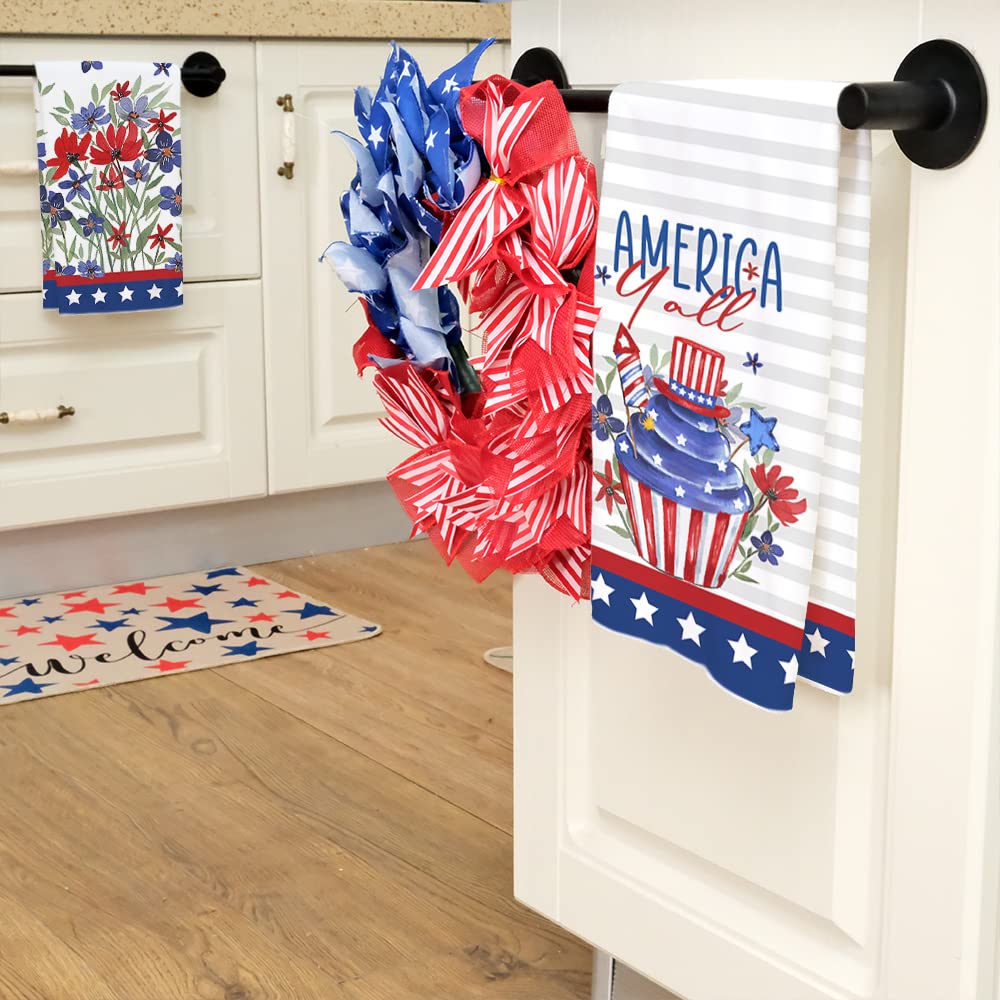 GEEORY Kitchen Towels for 4th of July Decorations Floral America Patriotic Dish Towels 18x26 Inch Ultra Absorbent Bar Drying Cloth Hand Towel for Kitchen Bathroom Party Home Set of 2 GD093