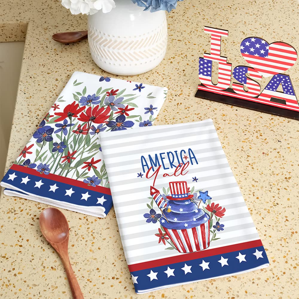 GEEORY Kitchen Towels for 4th of July Decorations Floral America Patriotic Dish Towels 18x26 Inch Ultra Absorbent Bar Drying Cloth Hand Towel for Kitchen Bathroom Party Home Set of 2 GD093