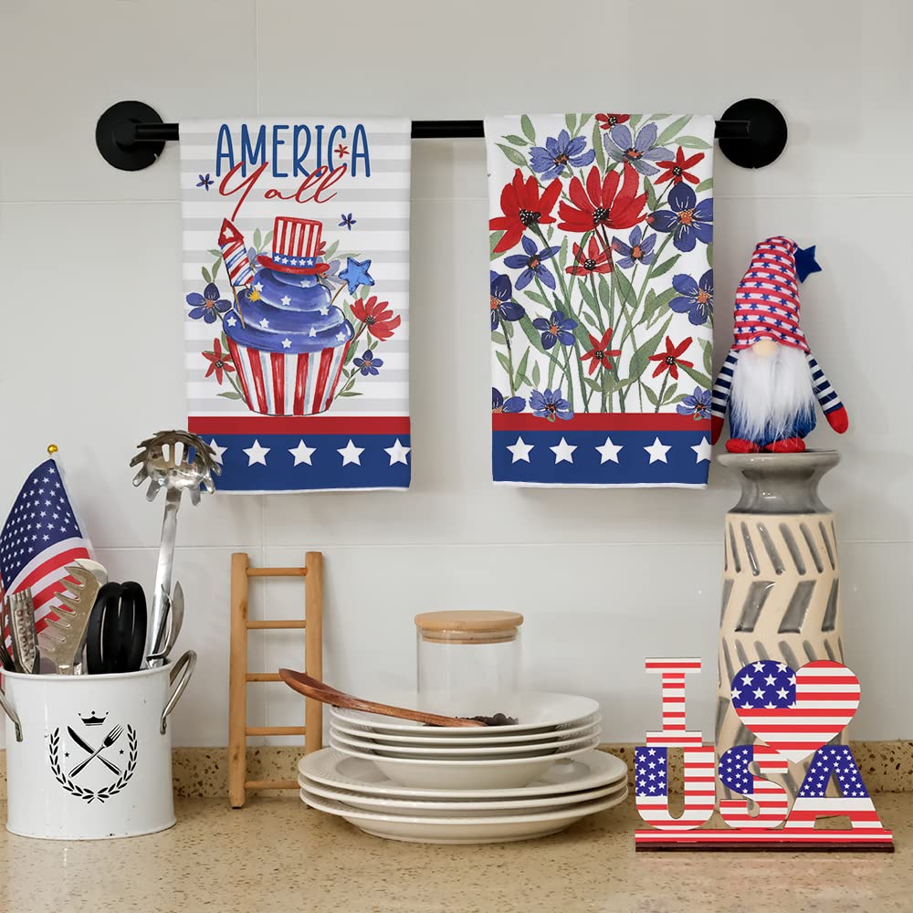 GEEORY Kitchen Towels for 4th of July Decorations Floral America Patriotic Dish Towels 18x26 Inch Ultra Absorbent Bar Drying Cloth Hand Towel for Kitchen Bathroom Party Home Set of 2 GD093