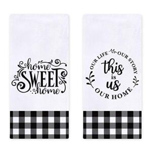 farmhouse family kitchen dish towels set of 2, black white buffalo check plaids ultra absorbent fast drying cloth decorative tea towels for cooking and baking 18 x 28 inches