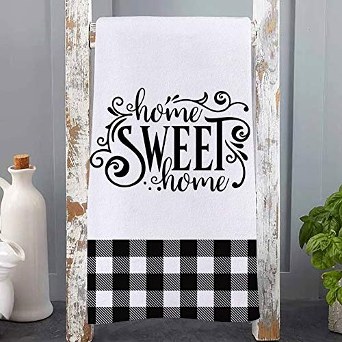 Farmhouse Family Kitchen Dish Towels Set of 2, Black White Buffalo Check Plaids Ultra Absorbent Fast Drying Cloth Decorative Tea Towels for Cooking and Baking 18 x 28 Inches