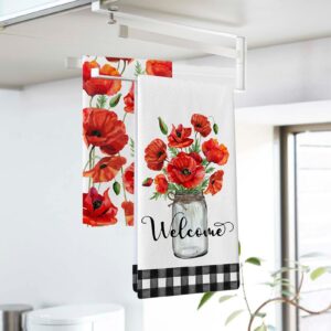 Seliem Welcome Spring Poppy Flower Kitchen Dish Towel Set of 2, Red Floral Hand Towel Buffalo Plaid Check Drying Baking Cooking Cloth, Watercolor Summer Seasonal Kitchen Decor 18x26 Inches