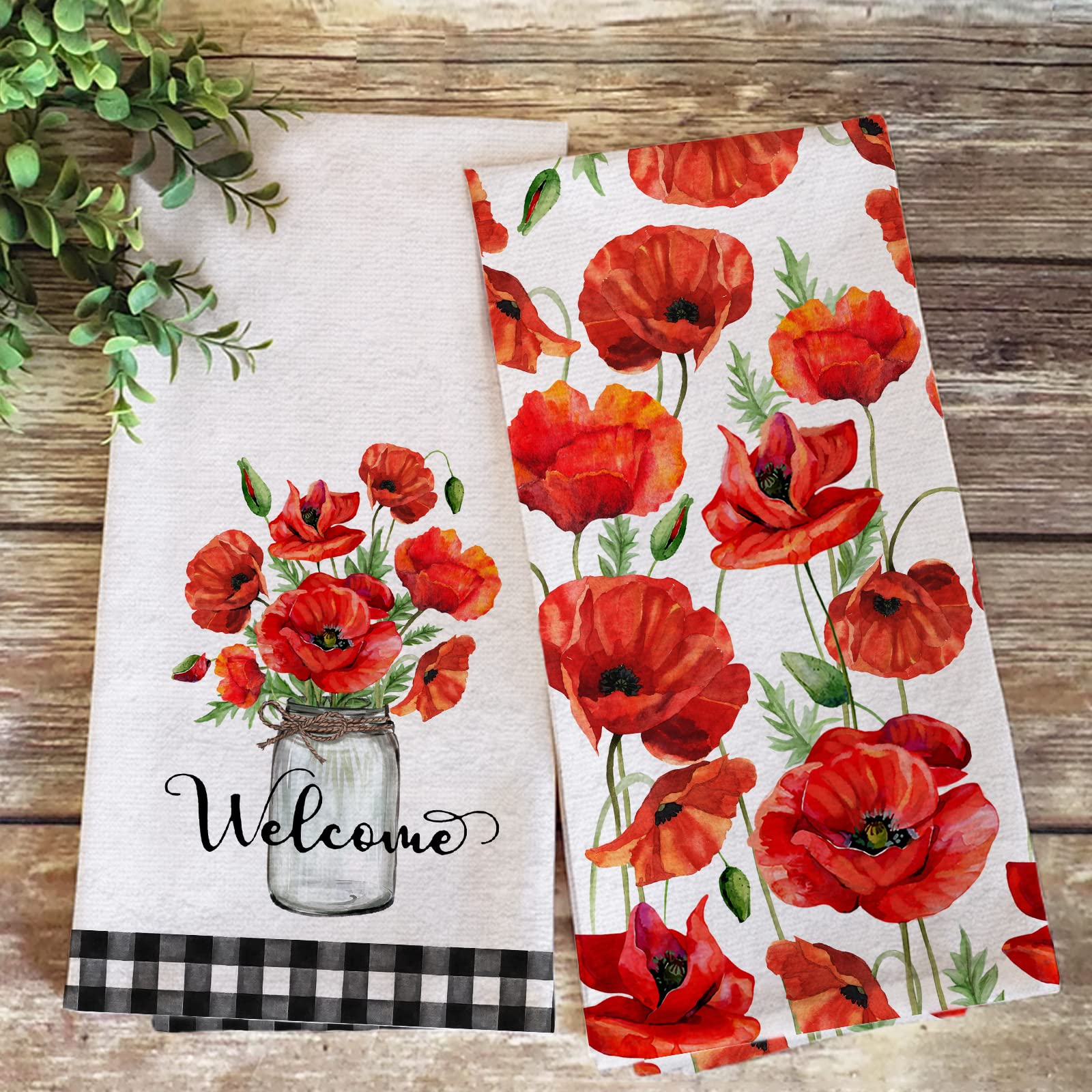 Seliem Welcome Spring Poppy Flower Kitchen Dish Towel Set of 2, Red Floral Hand Towel Buffalo Plaid Check Drying Baking Cooking Cloth, Watercolor Summer Seasonal Kitchen Decor 18x26 Inches