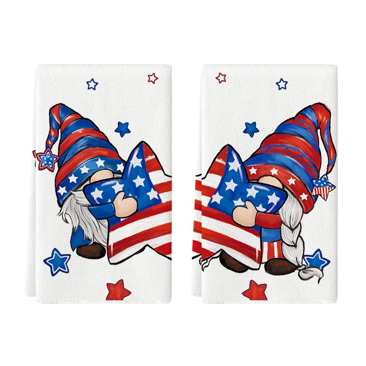 Artoid Mode American Flag Stars Gnome 4th of July Kitchen Towels Dish Towels, 18x26 Inch Seasonal Decoration Hand Towels Set of 2