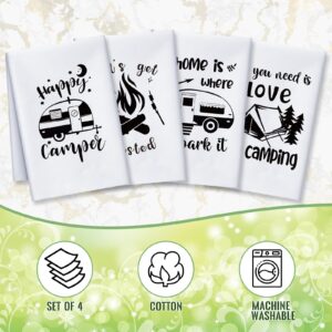 Vesici 4 Pcs Camping Kitchen Towels Camper Dish Towels Set White Kitchen Hand Towels Retro RV Camping Car Fun Theme Dish Towels and Dish Cloth for Farmhouse Sayings Quotes Tea Towels for Women