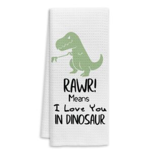 voatok funny kitchen towels, dinosaur bathroom decor, dinosaur towel, dinosaur decor, dinosaur bathroom accessories, rawr means i love you in dinosaur dish towels, boy gifts (green)